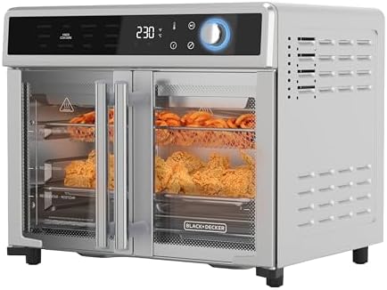 BLACK DECKER Crisp N Bake Air Fryer Toaster Oven Combo  12 in 1 Countertop Convection Oven Cooks Food Fast  Fits a Whole Pizza or 6 Toast Slices  French Doors with Stainless Steel Finish
