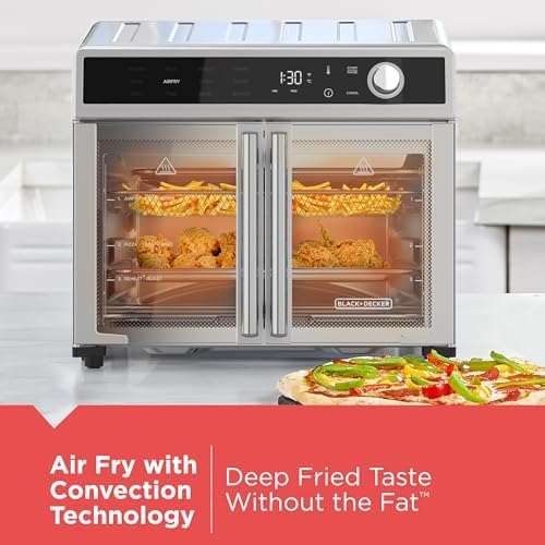 BLACK DECKER Crisp N Bake Air Fryer Toaster Oven Combo  12 in 1 Countertop Convection Oven Cooks Food Fast  Fits a Whole Pizza or 6 Toast Slices  French Doors with Stainless Steel Finish