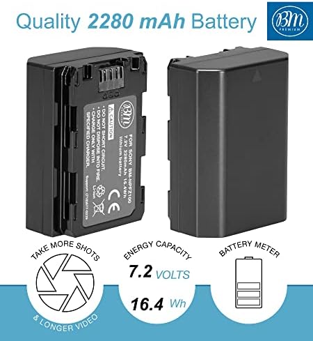 BM Premium 2 NP FZ100 Batteries and Dual Bay LCD Battery Charger for Sony Alpha 1  ZV E1  ZV E10 II  FX3 FX30  a7C  a7S III  a6600  a6700  A7R III a7R IV  a7R V  a7 III  a7 IV  a9  a9 II  a9R Cameras
