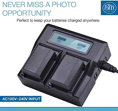 BM Premium 2 NP FZ100 Batteries and Dual Bay LCD Battery Charger for Sony Alpha 1  ZV E1  ZV E10 II  FX3 FX30  a7C  a7S III  a6600  a6700  A7R III a7R IV  a7R V  a7 III  a7 IV  a9  a9 II  a9R Cameras