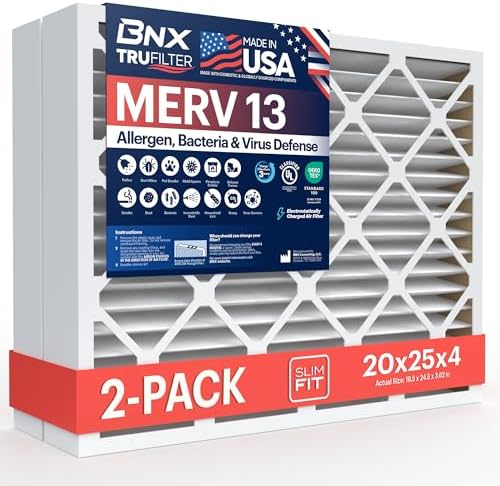 BNX TruFilter 20x25x4  19 5   x 24 5   x 3 63   Slim Fit  MERV 13 Air Filter  2 Pack    MADE IN USA   Air Conditioner HVAC AC Furnace Filters Health  Allergies  Mold  Bacteria  Smoke  MPR 1900 FPR 10