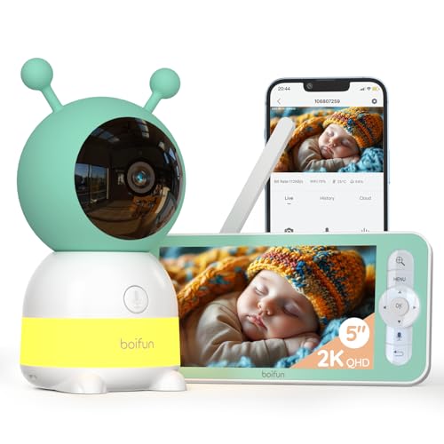 BOIFUN 2K WiFi Baby Monitor with Camera and Audio Smartphone APP  Colorful Night Light  Smart AI Motion & Sound & Humidity & Temperature Detection  Auto Tracking 5 Inch Monitor Control  Night Vision