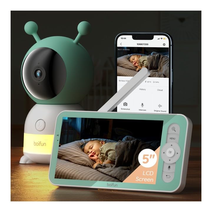 BOIFUN 2K WiFi Baby Monitor with Camera and Audio Smartphone APP  Colorful Night Light  Smart AI Motion & Sound & Humidity & Temperature Detection  Auto Tracking 5 Inch Monitor Control  Night Vision