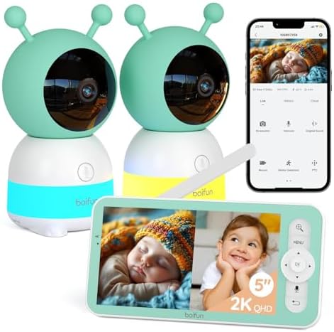 BOIFUN 2K WiFi Baby Monitor with Camera and Audio  Soothing Night Light  APP & 5 Split Screen Control  Motion/Cries/Noise/Customizable Alarm Zones Detect  Auto Tracking  Humidity&Temperature Detect