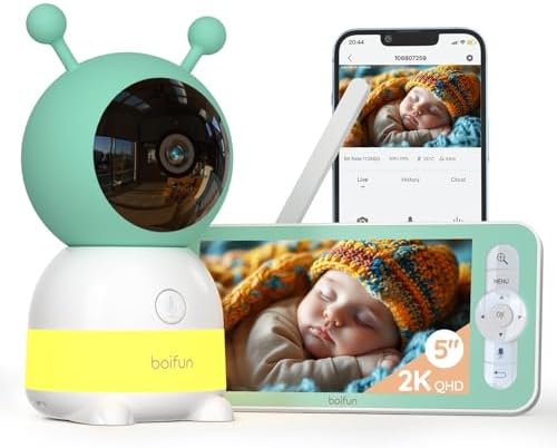 BOIFUN 2K WiFi Baby Monitor with Camera and Audio  Soothing Night Light  APP & 5 Split Screen Control  Motion/Cries/Noise/Customizable Alarm Zones Detect  Auto Tracking  Humidity&Temperature Detect