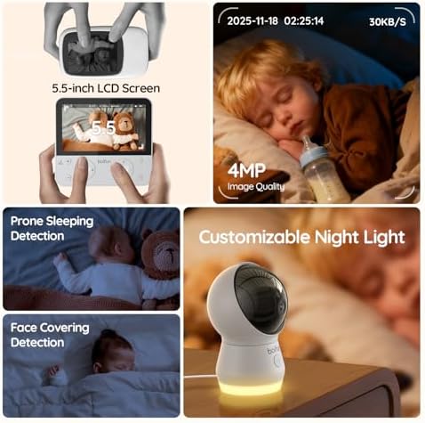 BOIFUN AI Baby Monitor with Camera and Audio  Safety Alerts  Tummy Sleeping & Face Area   WiFi Smartphone APP Control  Colorful Night Light  2K HD Night Vision  Motion & Cry Detection  Two Way Talk