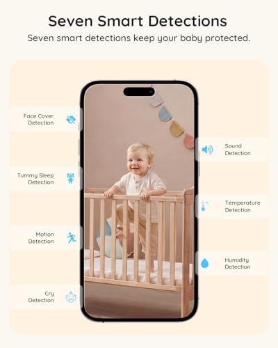 BOIFUN AI Baby Monitor with Camera and Audio  Safety Alerts  Tummy Sleeping & Face Area   WiFi Smartphone APP Control  Colorful Night Light  2K HD Night Vision  Motion & Cry Detection  Two Way Talk