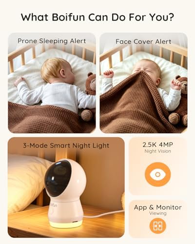 BOIFUN AI Baby Monitor with Camera and Audio  Safety Alerts  Tummy Sleeping & Face Area   WiFi Smartphone APP Control  Colorful Night Light  2K HD Night Vision  Motion & Cry Detection  Two Way Talk