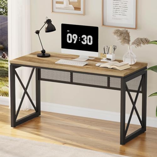 BON AUGURE Farmhouse Computer Desk  Modern Industrial Home Office Desks  Wood Metal Study Writing Table  Sturdy Gaming Desk  Vintage Oak  54 Inch 