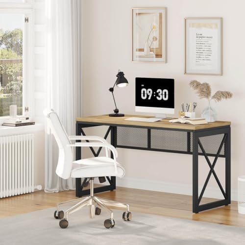 BON AUGURE Farmhouse Computer Desk  Modern Industrial Home Office Desks  Wood Metal Study Writing Table  Sturdy Gaming Desk  Vintage Oak  54 Inch 