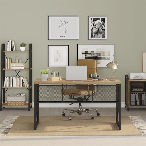 BON AUGURE Farmhouse Computer Desk  Modern Industrial Home Office Desks  Wood Metal Study Writing Table  Sturdy Gaming Desk  Vintage Oak  54 Inch 