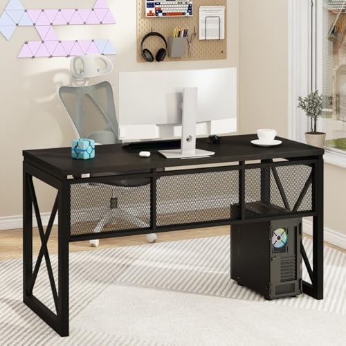 BON AUGURE Farmhouse Computer Desk  Modern Industrial Home Office Desks  Wood Metal Study Writing Table  Sturdy Gaming Desk  Vintage Oak  54 Inch 