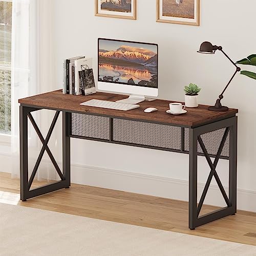 BON AUGURE Farmhouse Computer Desk  Modern Industrial Home Office Desks  Wood Metal Study Writing Table  Sturdy Gaming Desk  Vintage Oak  54 Inch 