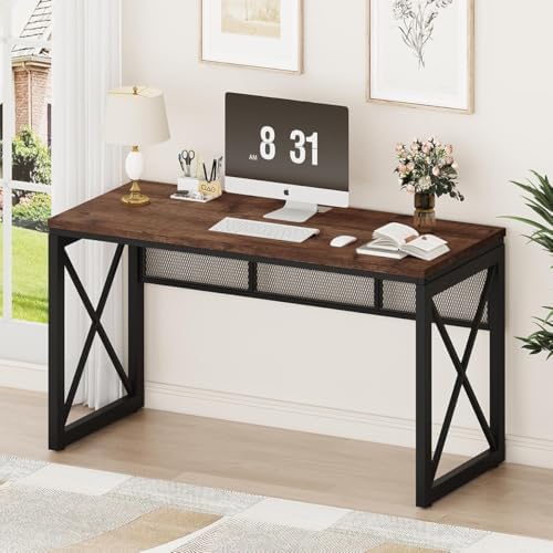 BON AUGURE Farmhouse Computer Desk  Modern Industrial Home Office Desks  Wood Metal Study Writing Table  Sturdy Gaming Desk  Vintage Oak  54 Inch 