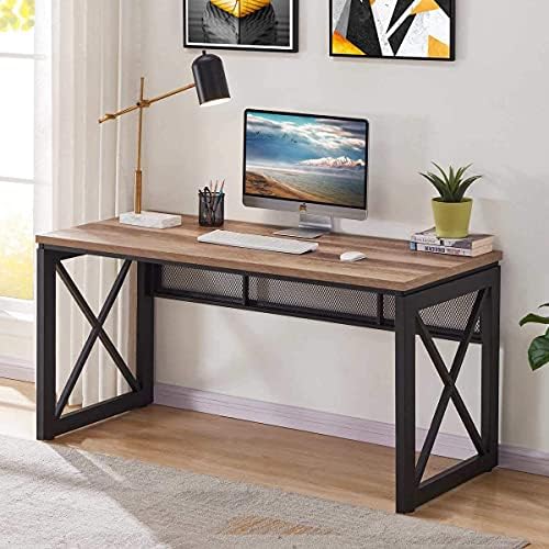 BON AUGURE Farmhouse Computer Desk  Modern Industrial Home Office Desks  Wood Metal Study Writing Table  Sturdy Gaming Desk  Vintage Oak  54 Inch 