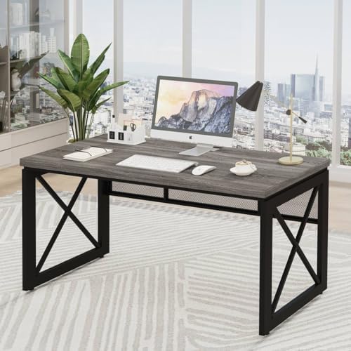 BON AUGURE Farmhouse Computer Desk  Modern Industrial Home Office Desks  Wood Metal Study Writing Table  Sturdy Gaming Desk  Vintage Oak  54 Inch 