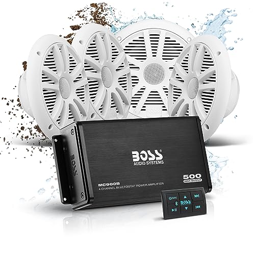 BOSS Audio Systems ASK904B 64 Marine Boat 6 5 inch Speakers and 4 Channel Amplifier   500 High Output  Bluetooth Remote  USB and Auxiliary  Waterproof Pouch