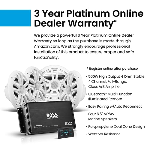 BOSS Audio Systems ASK904B 64 Marine Boat 6 5 inch Speakers and 4 Channel Amplifier   500 High Output  Bluetooth Remote  USB and Auxiliary  Waterproof Pouch