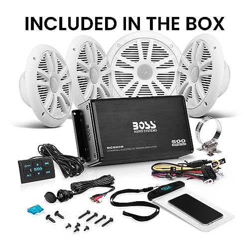 BOSS Audio Systems ASK904B 64 Marine Boat 6 5 inch Speakers and 4 Channel Amplifier   500 High Output  Bluetooth Remote  USB and Auxiliary  Waterproof Pouch