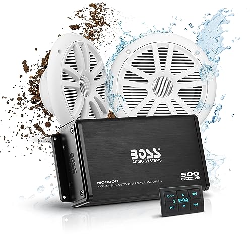 BOSS Audio Systems ASK904B 64 Marine Boat 6 5 inch Speakers and 4 Channel Amplifier   500 High Output  Bluetooth Remote  USB and Auxiliary  Waterproof Pouch