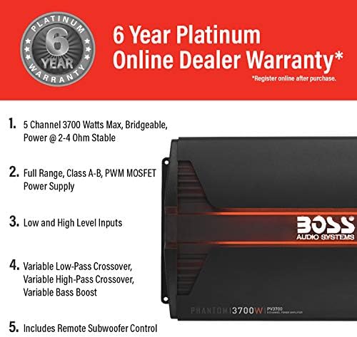 BOSS Audio Systems PV3700 5 Channel Car Stereo Amplifier   3700 High Output  5 Channel  2/4 Ohm Stable  Low/High Level Inputs  High/Low Pass Crossover  Full Range  Bridgeable  for Subwoofer