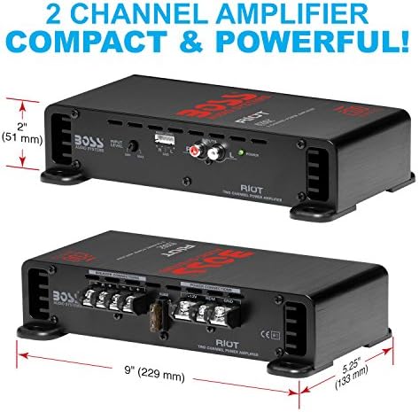 BOSS Audio Systems R1002 2 Channel Car Amplifier   200 High Output  2 8 Ohm Stable  Low/High Level Inputs  Full Range  Bridgeable  Bass for Subwoofer