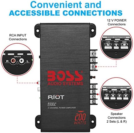 BOSS Audio Systems R1002 2 Channel Car Amplifier   200 High Output  2 8 Ohm Stable  Low/High Level Inputs  Full Range  Bridgeable  Bass for Subwoofer