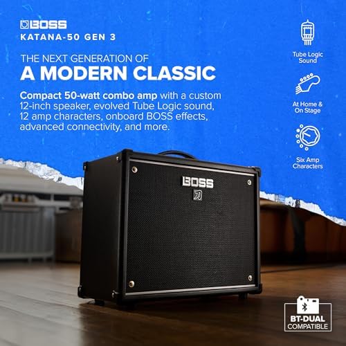 BOSS Katana 50 Gen 3 Guitar Amplifier   Compact 50 Watt Combo Amp   Custom 12 Inch Speaker   Evolved Tube Logic Sound   12 Amp Characters   Onboard BOSS Effects   Advanced Connectivity & More