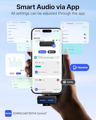 BOYA BOYALINK 3 Wireless Lavalier Mini Microphones for iPhone 15 16/Android/PC/Camera AI Noise Cancellation 48kHz/24Bit Studio Sound APP Control 984ft 30h Battery with Charging Case for Vlog Interview