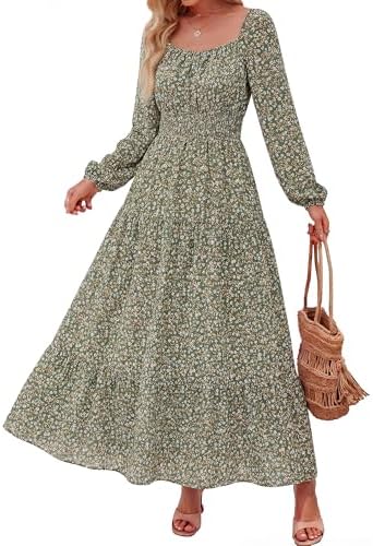 BTFBM Long Sleeve Dress for Women 2026 Spring Fall Boho Floral Square Neck Casual Flowy Long Wedding Guest Maxi Dresses