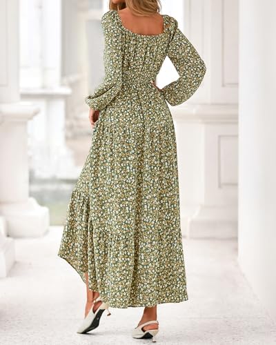 BTFBM Long Sleeve Dress for Women 2026 Spring Fall Boho Floral Square Neck Casual Flowy Long Wedding Guest Maxi Dresses