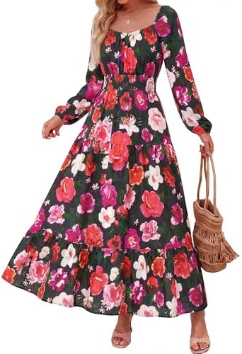 BTFBM Long Sleeve Dress for Women 2026 Spring Fall Boho Floral Square Neck Casual Flowy Long Wedding Guest Maxi Dresses