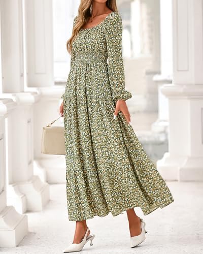 BTFBM Long Sleeve Dress for Women 2026 Spring Fall Boho Floral Square Neck Casual Flowy Long Wedding Guest Maxi Dresses
