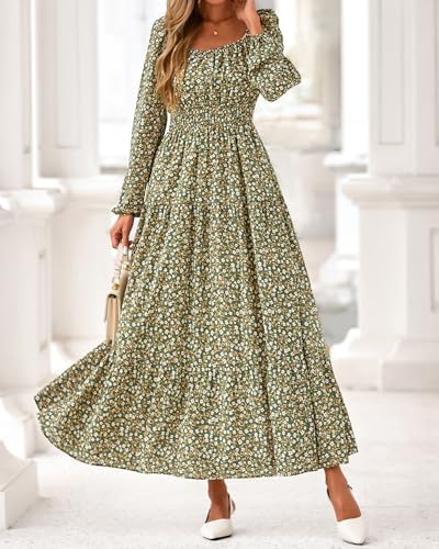 BTFBM Long Sleeve Dress for Women 2026 Spring Fall Boho Floral Square Neck Casual Flowy Long Wedding Guest Maxi Dresses