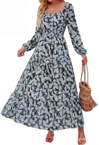 BTFBM Long Sleeve Dress for Women 2026 Spring Fall Boho Floral Square Neck Casual Flowy Long Wedding Guest Maxi Dresses