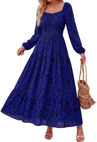 BTFBM Long Sleeve Dress for Women 2026 Spring Fall Boho Floral Square Neck Casual Flowy Long Wedding Guest Maxi Dresses