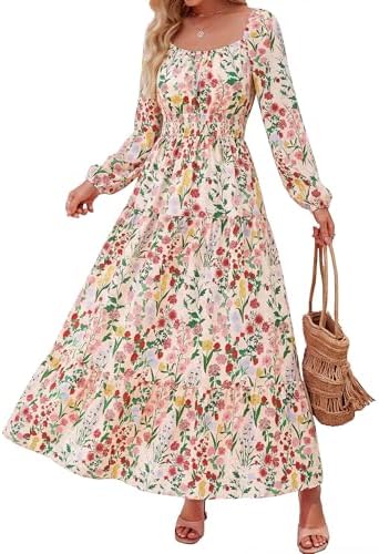 BTFBM Long Sleeve Dress for Women 2026 Spring Fall Boho Floral Square Neck Casual Flowy Long Wedding Guest Maxi Dresses