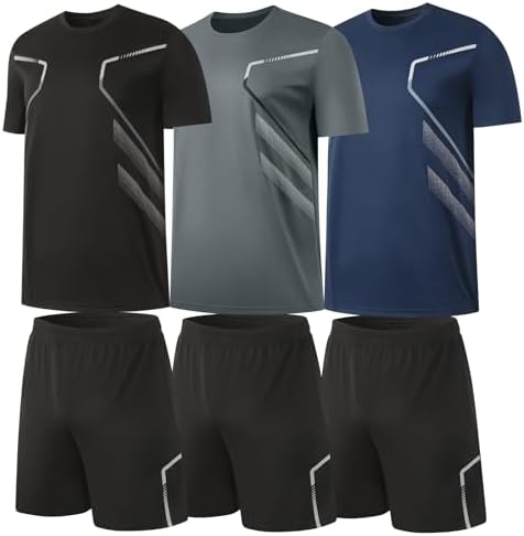 BUYJYA 3 Pack Mens Gym Shorts Shirt Set Workout Athletic Basketball Running Football Elastic Waist with Pocket Gifts