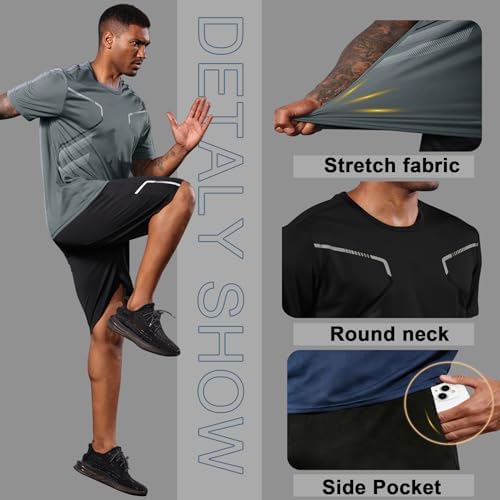 BUYJYA 3 Pack Mens Gym Shorts Shirt Set Workout Athletic Basketball Running Football Elastic Waist with Pocket Gifts