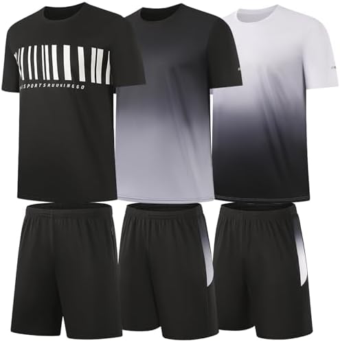 BUYJYA 3 Pack Mens Gym Shorts Shirt Set Workout Athletic Basketball Running Football Elastic Waist with Pocket Gifts