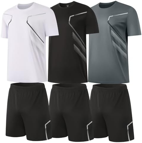 BUYJYA 3 Pack Mens Gym Shorts Shirt Set Workout Athletic Basketball Running Football Elastic Waist with Pocket Gifts