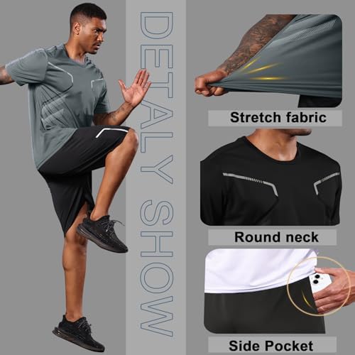 BUYJYA 3 Pack Mens Gym Shorts Shirt Set Workout Athletic Basketball Running Football Elastic Waist with Pocket Gifts