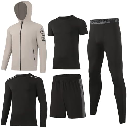 BUYJYA 5Pcs Mens T Shirts Workout Long Sleeve Athletic Zip Pocket Shorts Jackets Compression Pants Gym Clothes