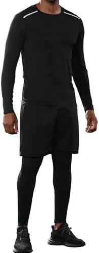 BUYJYA 5Pcs Mens T Shirts Workout Long Sleeve Athletic Zip Pocket Shorts Jackets Compression Pants Gym Clothes