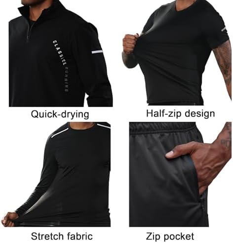 BUYJYA 5Pcs Mens T Shirts Workout Long Sleeve Athletic Zip Pocket Shorts Jackets Compression Pants Gym Clothes