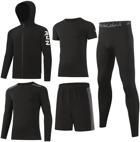 BUYJYA 5Pcs Mens T Shirts Workout Long Sleeve Athletic Zip Pocket Shorts Jackets Compression Pants Gym Clothes