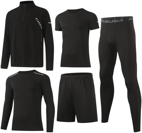 BUYJYA 5Pcs Mens T Shirts Workout Long Sleeve Athletic Zip Pocket Shorts Jackets Compression Pants Gym Clothes