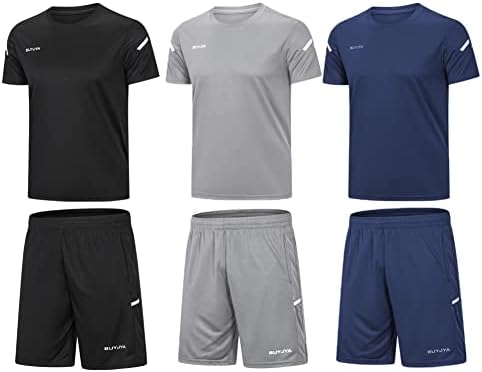 BUYJYA Mens Workout Clothes Athletic Shorts Shirt Set 3 Pack Basketball Football Training Running Gym Christmas gifts