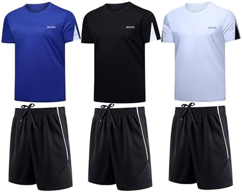 BUYJYA Mens Workout Clothes Athletic Shorts Shirt Set 3 Pack Basketball Football Training Running Gym Christmas gifts