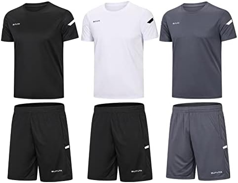BUYJYA Mens Workout Clothes Athletic Shorts Shirt Set 3 Pack Basketball Football Training Running Gym Christmas gifts